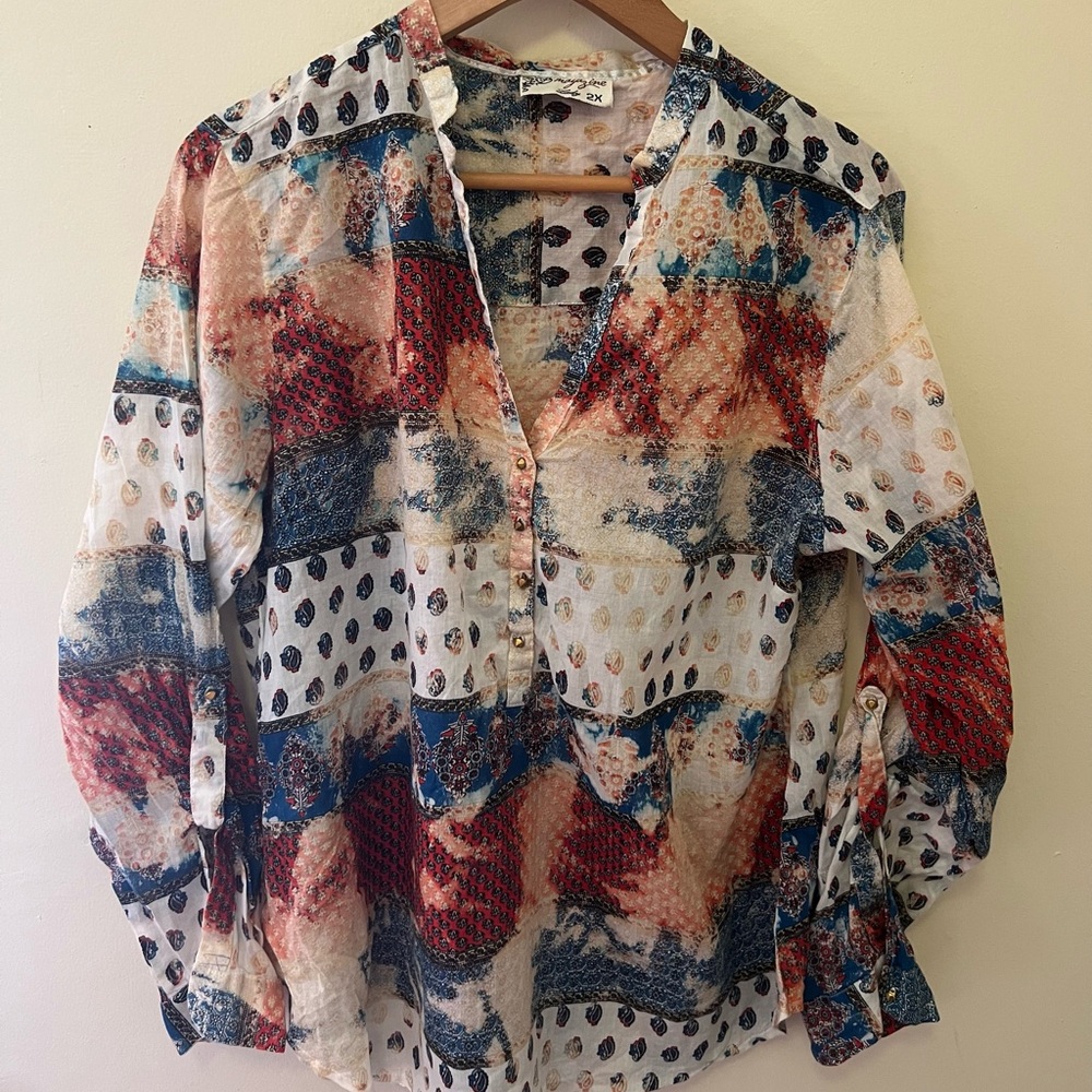 Blue and Red Graphic Long Sleeve Blouse with Notched Collar